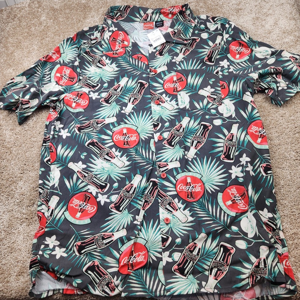 Coca-Cola Mens Tropical Palm Bottle Print Rayon Aloha Shirt Grey Large NEW